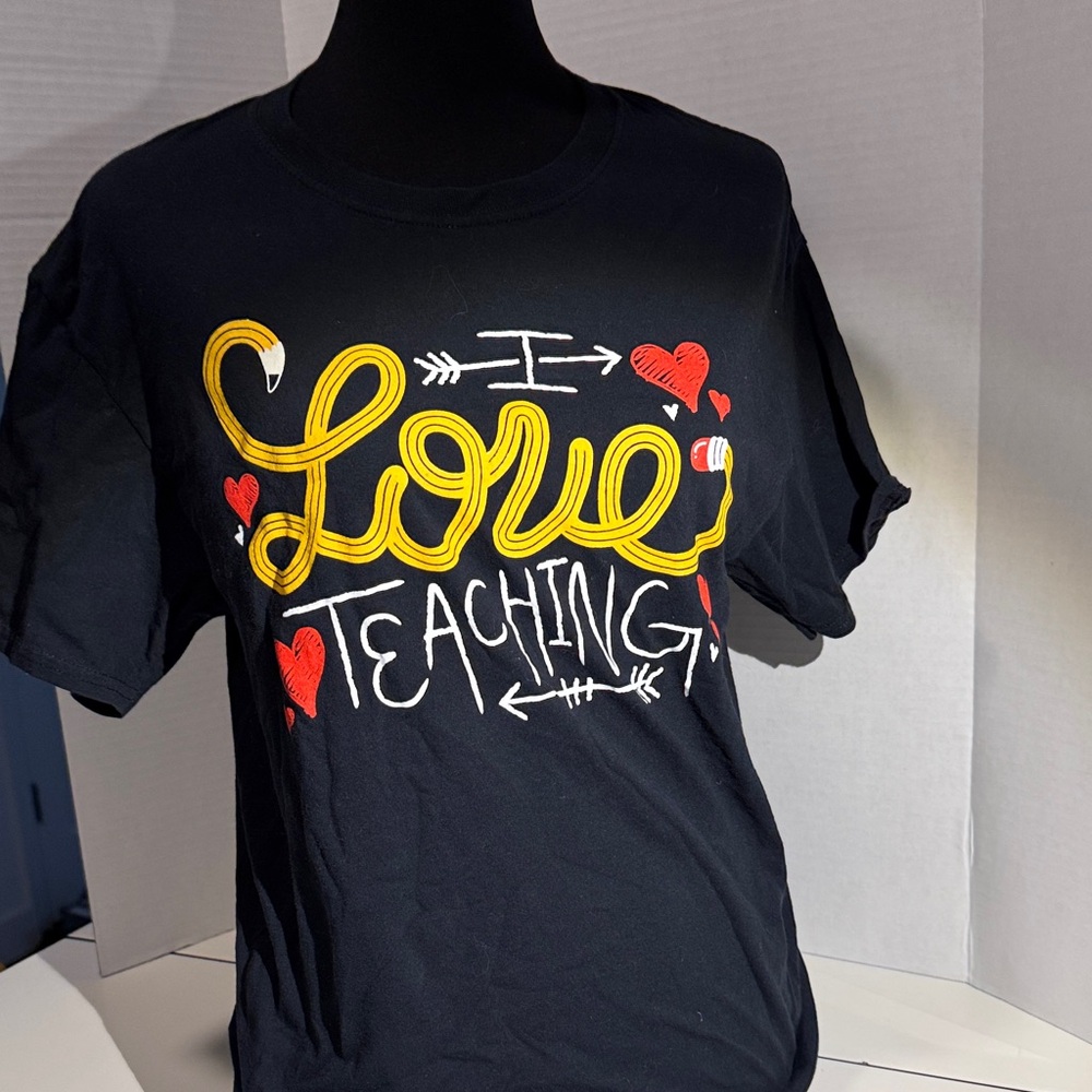 Fruit of the Loom Black 'Love Teaching' Graphic Tee with Yellow & Red Accents